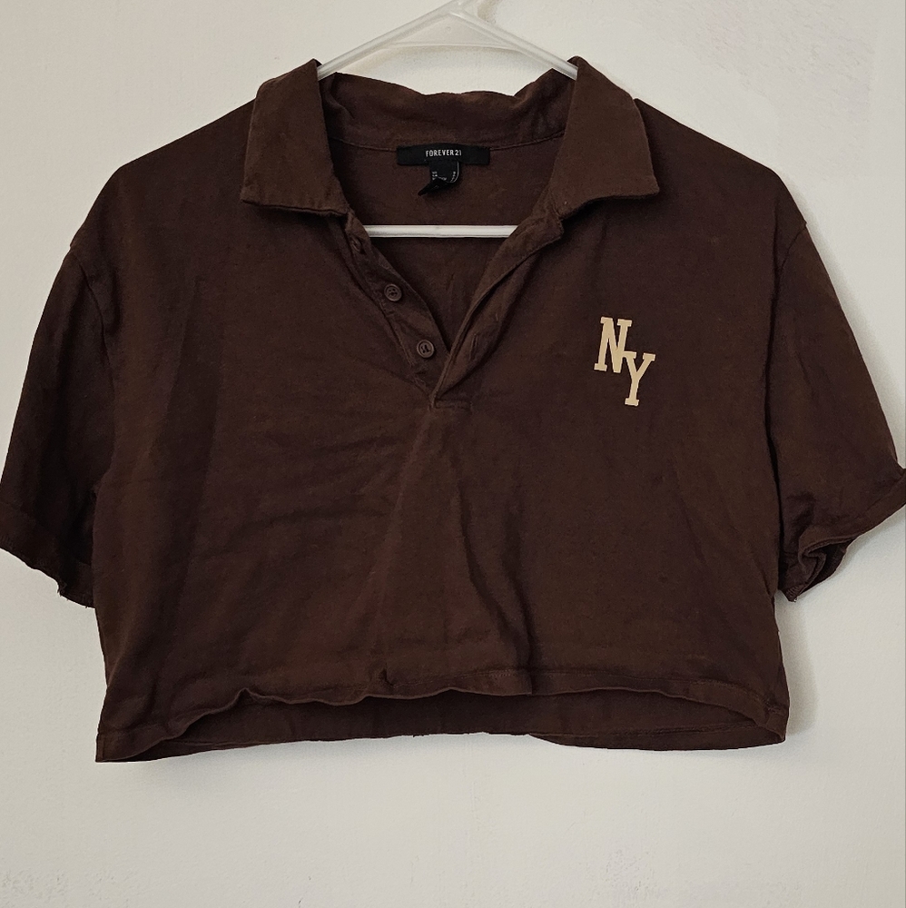 F21 brown NY cropped top